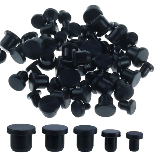 50 Stück 5 Größen Silikonstopfen, Schwarz Rund Silikon-Lochstopfen, Solider Verschlussstopfen Gummistopfen, Silikon Weicher Flexibler Stopper für Löcher Mit 4-9.5mm Innendurchmesser Flaschen Rohre
