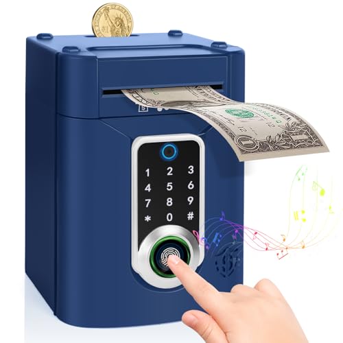 Highttoy Spardose Kinder,Elektronische Tresor Kinder mit Touchscreen und Fingerabdruck Geldautomat Passwort Sparbox Sparschwein Kinder Geschenke Jungen 3-12 Jahre Dunkelblau