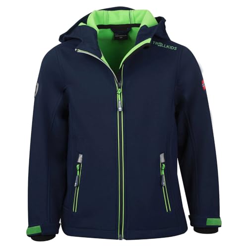 Trollkids Kinder Softshell Jacke Trollfjord, Marineblau/Hellgrün, Größe 128