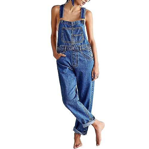 Damen Denim Latzhose Ärmellos Locker Geschnitten Lässig Lange Overalls Baggy Jeans Hosen Für Frauen Mädchen Slingbacks (Blau, M)