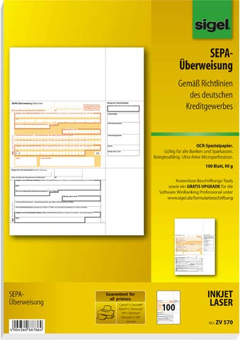 SIGEL Bankformular, SEPA-Überweisung, A4 (100 Blatt), Sie erhalten 1 Packung á 100 Blatt