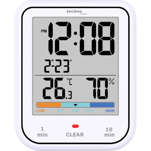 Technoline WT380 Digitale Badezimmeruhr mit Hygrometer und Thermometer | wasserdicht| Duschtimer | Countdownfunktion | großes LCD-Display | mit Datumsanzeige | weiß
