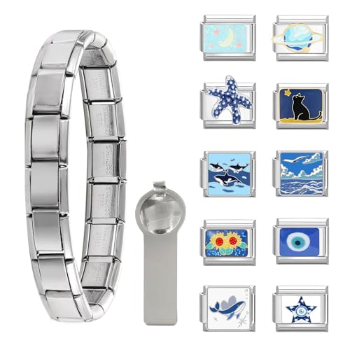 Greenyre 12PCS Italian Charm Bracelet,9mm Italian Charms,Abnehmbar Edelstahl Modul Armband mit Öffnungswerkzeugen,Italian Style Charms für Damen,Geschenk für mama,grandma,daughter