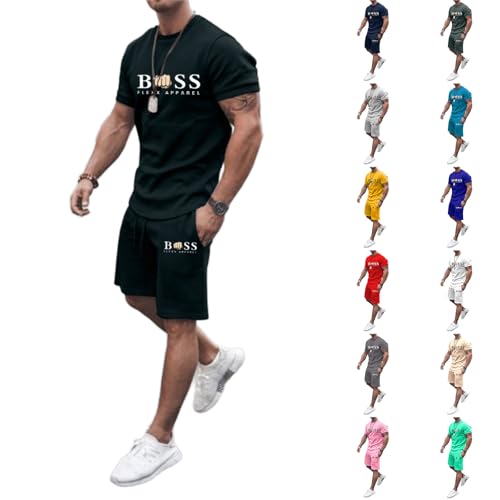 Bauzuoyo Sommer Outfit Herren 2 Teiler Jogginganzug mit Druck Lustig Hawaii Outfit Herren Kleidung Y2k Streetwear Trainingsanzug Kurz Gym Fitness Anzug mit Taschen Strand Urlaub Outfit