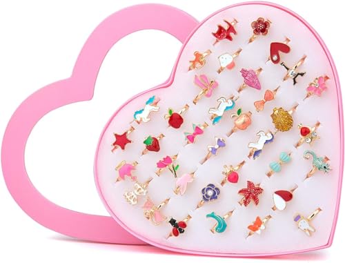 Carastek 36 Stück Kinderringe Mädchen, Ringe Kinder Mädchen Ringe Einstellbare Ringe funkeln mit Herzform Vitrine für Kinder Geburtstag Party Favors