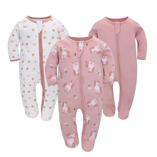Neugeborenes Baby Jungen Mädchen Strampler mit Fuß Baby Schlafanzug Einteilige Lange Ärmel Overall Säuglings Frühling Herbst Body, 3er-Pack (Rosa, 6-9M)