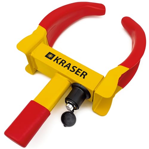 KRASER WA820 Wegfahrsperre Radkralle Reifenkralle, Parkkralle Diebstahlsicherung für Radklemmen, Universal, verstellbar für Autos, Wohnwagen, Anhänger, PVC-Schutz, Anti-Bohrschloss, Rot/Gelb