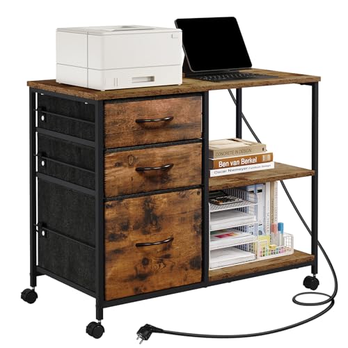 WOLTU Aktenschrank mit Ladestation, Rollcontainer mit Schubladen, Büroschrank, Druckertisch mit Rollen, Druckerschrank, mit offenen Ablagen, aus Metall Holzwerkstoff,Vintagebraun, ASK07shm