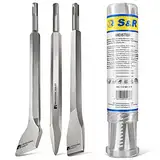 S&R Bohrhammer Meißel-Set SDS-plus, 3-teilig, robust und hitzegehärtet – Flachmeißel, Fliesenmeißel, Spitzmeißel für Beton, Mauerwerk, Ziegel und Asphalt – Werkzeug-Stahl, universell für Bauwerkstoffe