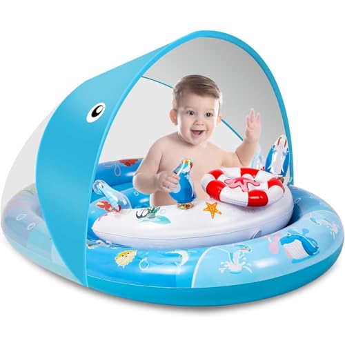 ACELIFE Schwimmring Baby mit abnehmbarem Sonnendach& Spielzeug, Baby Schwimmring ab 6 Monate, Kinder Swimming Float mit Verstellbarer Sicherheitssitz, Schwimmreifen Kinder für 6-36 Monate