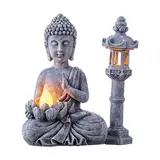 TERESA'S COLLECTIONS Gartendeko für draußen Buddha Figur Garten mit Steinlaterne Pagode Statue Solar Gartenfiguren,Kunstharz Meditierender Buddha Statue,Budda Gartendeko Frostfest
