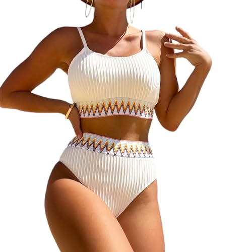 Enwokran Damen Bikini Set Zweiteiliger U Ausschnitt Bauchkontrolle Push Up High Waist Sport-Schwimmanzug Badeanzug Tank Bikini Swimsuit (Weiß, XL)