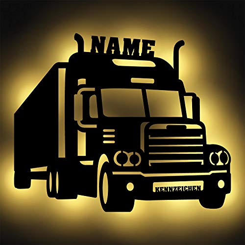 LKW Fahrer Trucker Männer Geschenke Led Schild Deko Wand-Lampe Zubehör Namensschild Gadget I Batteriebetrieb mit Kennzeichen und Namen