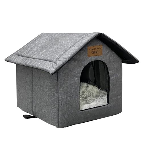 Vinnypet Katzenhaus Für Draußen Winterfest Wasserdicht Wetterfester Katzenhöhle Haustierhaus mit Plüschkissen Warm Hundehöhle Waschbar Hundehaus Tierheim Für Streuner Haustiere 35x30x35cm