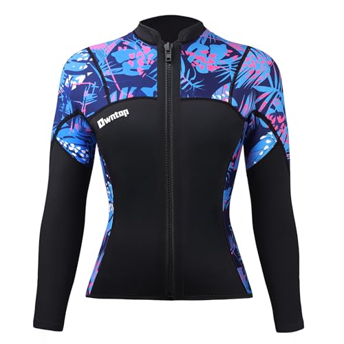 Owntop Neoprenanzug Top Damen 2mm - Neoprenanzug-Jacken Ultra Dehnbar Frontreißverschluss, Langarm Neoprenanzug-Oberteile Tarnmuster für Alle Wassersportarten, Damen Rot L