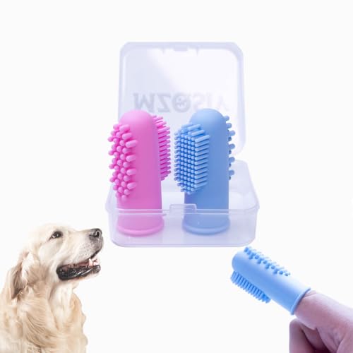 2 Stück Hund Finger Zahnbürste Silikon Haustier Finger Zahnbürste für Hunde Katzen, Hunde Zähne Plaque Hund Zahnpflege mit Aufbewahrungsbox, einfache Reinigung der Zähne (Rosa Blau, Einheitsgröße)