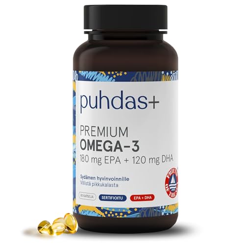 puhdas+ PREMIUM OMEGA 3 180 mg EPA + 120 mg DHA [80 Kapseln] Natürlicher Fischölkomplex, hochwertig und zertifizierte Omega 3 Kapseln Fish Oil, Hergestellt in Finnland