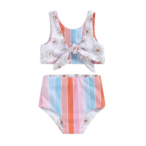 Zweiteiliger Badeanzug für Babys, Kinder, Mädchen, Sommer, gestreift/Blumendruck, geknotet, Tankini und elastische Shorts, Bikini-Badeanzüge, Farbenfroh, 6-12 Monate