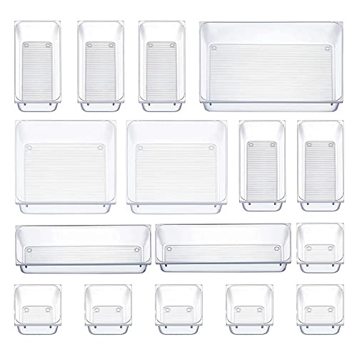 16stk Schubladen Ordnungssystem,Transparente Veranstalter mit 5 Größen, Make Up Organizer Schubladeneinsatz,Aufbewahrungsboxen,Schminktisch Organizer für Küchen, Badezimmer,Büro