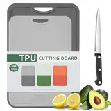 Gintan 2 Pack Flexibles TPU Schneidebrett, BPA-frei, mit Messer- und Saftrille, kratzfeste flexible Schneidebretter für die Küche, spülmaschinenfest, griffiger Griff, rutschfest (GrauM+GrauS)