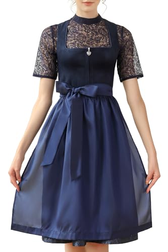 EIISSION Dirndl Damen midi Lang Dirndl Blau Trachtenkleid Trachtenrock Dirndl-Komplettsets Trachtenmode Trachten Damen mit 3 Teilig Dirndl Schürze Dirndlbluse Oktoberfest Dresses Dirndlkleid 42