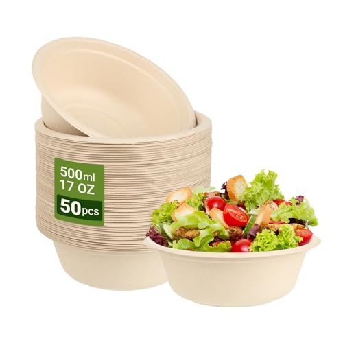 50 Stück Einweggeschirr - Einweg Suppenschalen - Partygeschirr, 500 ml / 17 oz, Hergestellt aus hochwertigem Zuckerrohr- und Weizenstrohfasermaterial, Einmalig und Abbaubar, Kühl- und Heizbeständig