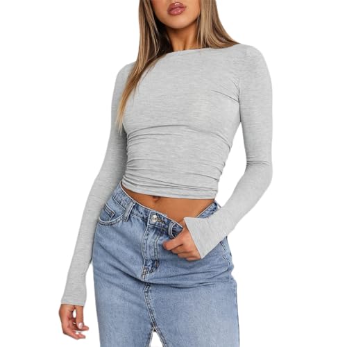 Damen Langarmshirt Y2k Slim Fit Einfarbig Langarm Shirt Elegant Sexy Crop Tops Y2k Clothes Fashion Longsleeve für Frauen Mädchen (DE/NL/SE/PL, Alphanumerisch, S, Regular, Regular, B Hellgrau)