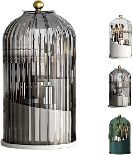 Make-Up Pinselhalter Mit Deckel, Verdeckter ZahnbüRstenhalter, 360 Drehbarer 3 Fächern Pinselhalter mit Deckel, Arbeitsplatte FüR ZahnbüRsten, Schminktisch, Make Up Organizer (Black)