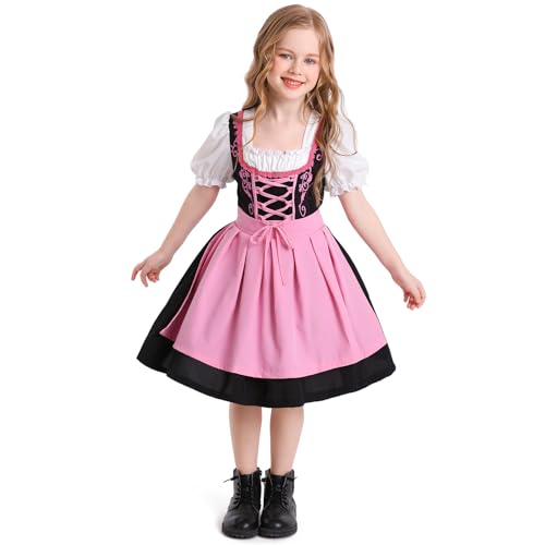 Odizli Kinder Dirndl M�dchen Kurzarm Wei� Blusen Dirndlbluse Trachtenbluse + Sch�rze Dirndlsch�rze + Trachtenrock Knielang Trachtenkleid Kurz Kinderdirndl Oktoberfest 3tlg Outfit Rosa 10-12 Jahre