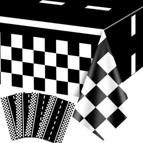 4Pcs Racing Car Tischdecken, Auto Geburtstag Partyzubehör für Kindergeburtstag Kunststoff schwarz Racetrack Party Tischdecke Tischdekorationen für Geburtstag Racing Car Theme Party, 130 x 270cm