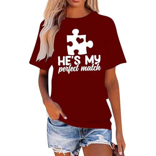 Bedrucktes T-Shirt mit Rundhalsausschnitt und kurzen Ärmeln zum Valentinstag, lässiges Oberteil für männliche und weibliche Paare Damen T Shirt Schwarz (L)
