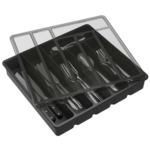 Lifewit Besteckkasten mit Deckel, Besteckaufbewahrung für Küchenschublade und Arbeitsplatte, Besteckkasten für Schubladen aus Kunststoff für Löffel, Gabeln, Messer, Einsatz, 6 Fächer, Schwarz
