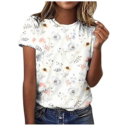 Tops Für Damen Basic Shirt Kurzarm Rundhals-Ausschnitt Sport Oberteile Damen Vintage Summer Tops Weisses T Shirt Damen Sportshirt Damen Locker Schnäppchen Poloshirt Damen(White,L)