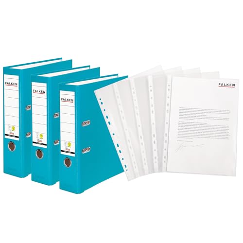 Original Falken 3er Pack PP-Color Ordner inklusive 100er Economy PP-Kunststoff Prospekthüllen transparent genarbt. Made in Germany. 8 cm breit DIN A4 türkis