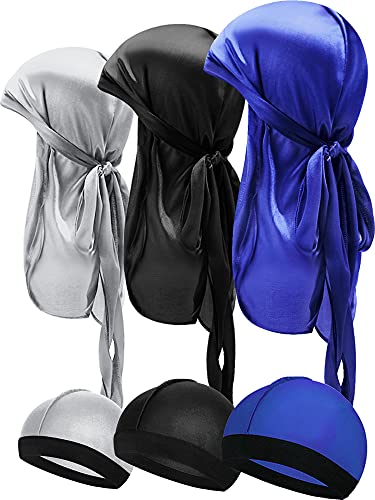 Syhood 6 Stück Herren Durag Seidige Durag Kappen Elastische Wellenkappe für Männer (Silber, Blau, Schwarz)