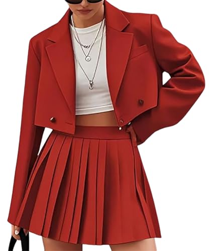 shownicer Damen Business 2-teiliger Plissee Rock Anzug Zweiteiler Elegant Einfarbig Set Blazer Anzugjacke und A-Linie Rock B Rot M