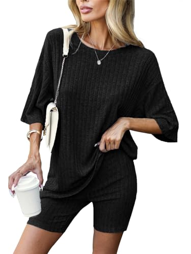 Zetieny Damen Tracksuit Kurzarm Rundhalsausschnitt Einfarbig Zweiteiler Hausanzug Loungewear Outfit Jogger Trainingsanzug Set