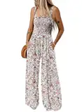 Dokotoo Jumpsuit Damen Sommer Blumenmuster Latzhose Casual Lose Overall Leicht Lang Romper Weites Bein Hose Playsuit mit Taschen, hellrosa, L