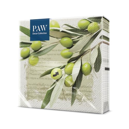 PAW - Servietten 3-lagig (33 x 33 cm) I 20 Stück I Perfekt für Geburtstage, Partys, Hochzeiten, Kommunion und Feiern I Tischdeko Bunte Papierservietten - Griechische Oliven I Greek Olives