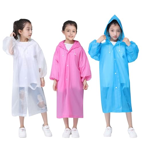 ZOCONE 3 Stück Regenponcho Kinder Wasserdicht Wiederverwendbar Regencape Kinder Durchsichtig Poncho Regen Kinder Regenmantel mit Druckknopf und Hut, Regenponcho Festival Regenschutz für Mädchen Junge