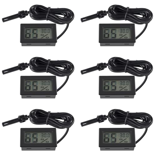 6 Stück digitales Thermometer, Hygrometer, Mini-Sondenthermometer, Temperatur- und Luftfeuchtigkeitsmessgerät für Reptilien-Inkubator, Geflügel, Büro, Wohnzimmer, Schwarz