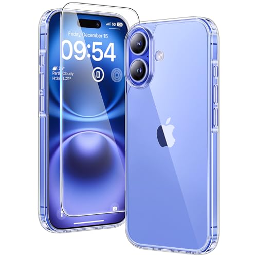 TAURI 3 in 1 für iPhone 16 Hülle 6,1" mit 2 Stück Panzerglas Schutzfolie, Schutz nach Militärstandard, [Anti-Vergilbung] Stoßfest Transparent Handyhülle - Durchsichtig