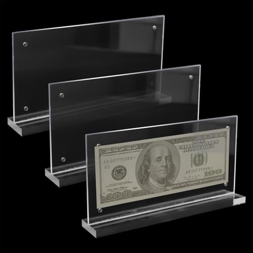 Keboyoe 3 Stück Acryl Banknoten Display Rahmen Dollar Bill Frame Euro Bill Fotohalter für Geldscheine Sammler Papiergeld Clear Bill Frame Ticket Protector Banknoten und Stempel Sammelzubehör(10x20 cm)