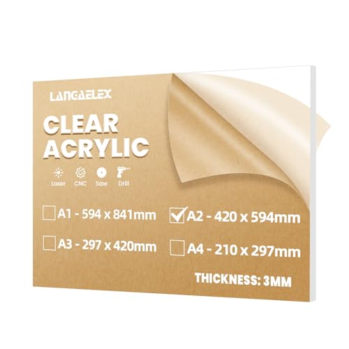 Langaelex Acrylglas Platte Transparent 3 mm, DIN A2 (420 x 594 mm) Zuschnitt Scheiben ultra klare Acrylplatte für Laserschneiden, Glasersatz, DIY- und Handwerksprojekt