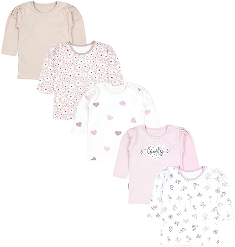 TupTam Baby Mädchen Langarmshirt Gestreift 5er Set, Farbe: Blätter Blumen Herzchen Puderrosa Hellbeige, Größe: 98