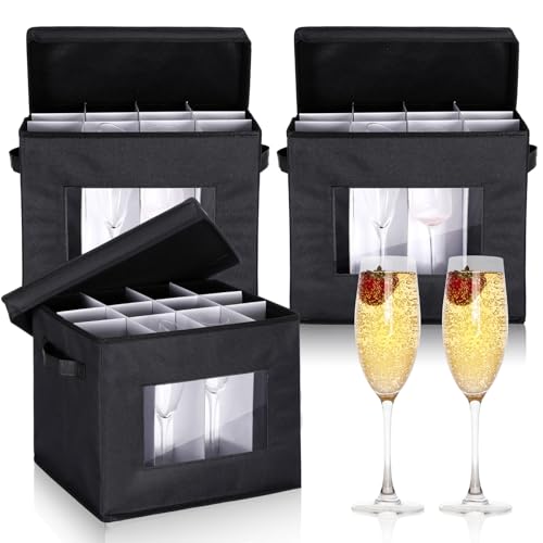 Norme 3 Stück Champagnerflöten-Aufbewahrungsbox mit Trennwänden, 12 Fächer, Aufbewahrungsbox mit Deckel, Griff, Fenster, Porzellan, Becherbehälter zum Umzug, Schwarz