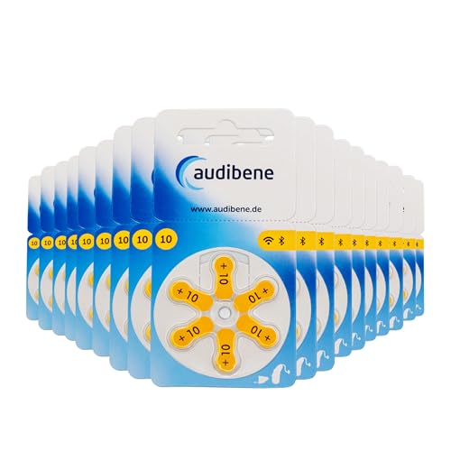 audibene Hörgerätebatterien Typ 10 gelb, Batterien für Hörgeräte 120 Stück Vorratspack, Made in Germany, inkl. GRATIS Reinigungstuch, Wireless Approved, quecksilberfrei