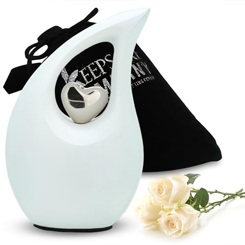 KEEPSAKE COMPANY Weiße, Matte, tropfenförmige kleine Mini-Urnen für menschliche Asche mit silbernem Herz (7,6 cm Höhe) – Urne – Bestattungsurne – kleine Haustierurne – ERN, weiß