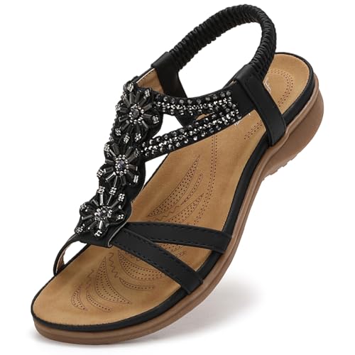 Littleplum Damen Sandalen Sommer Flach Sandalette Bohemia Strand Sandalen,Schwarz,39 EU