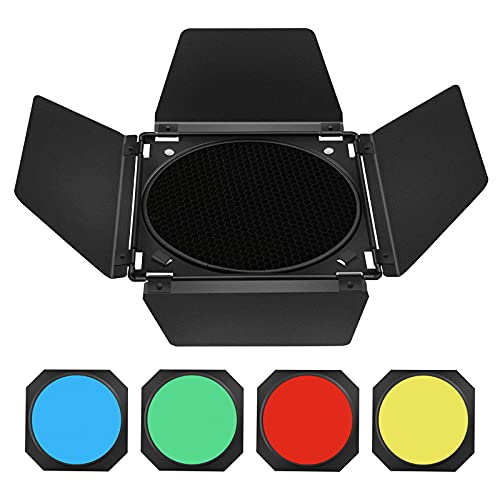 Godox BD-04 Barn Door Metall Scheunentür und Wabengitter und 4 farbige Gelfilter,kompatibel mit Standard-Reflektoren Bowens Mount Kompatibel GODOX LED NEEWER Amaran Aputure LED Video Light